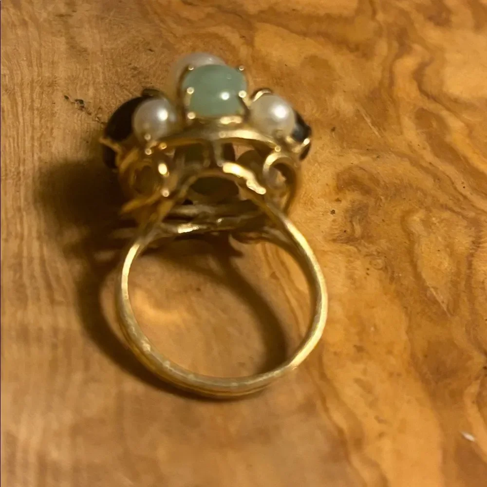 Vintage 14K Gold Jade & Pearl & Onyx Cluster Ring (Ming's?)